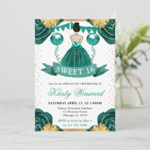 Teal Dress Brunette Haired Princess Sweet 16 Invitation
