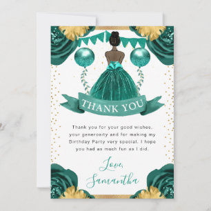 Teal Dress Dark Skin Princess Birthday Thank You Card