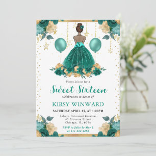 Teal Dress Dark Skin Princess Sweet 16 Invitation