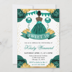 Teal Dress Dark Skin Princess Sweet 16 Invitation