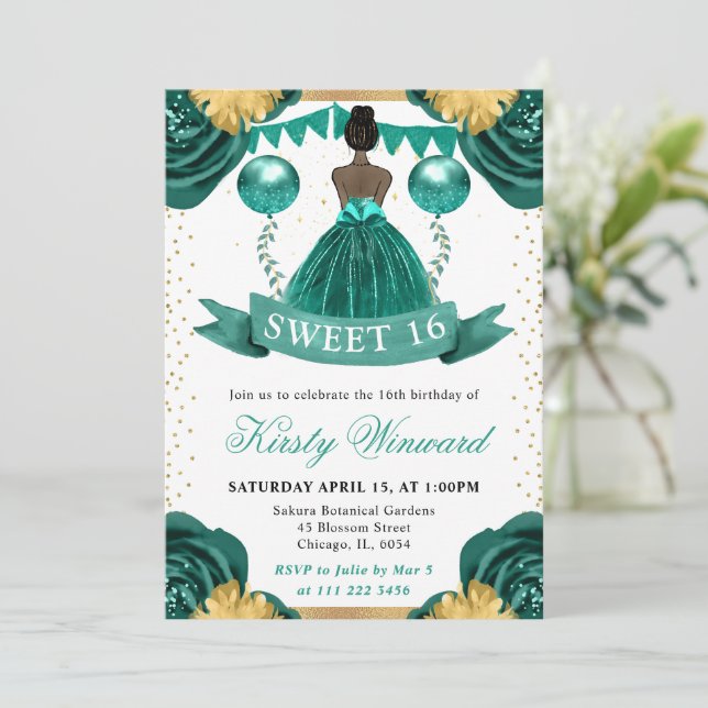 Teal Dress Dark Skin Princess Sweet 16 Invitation (Standing Front)