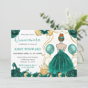 Teal Dress Red Hair Princess Quinceanera Invitation