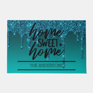 Teal Dripping Glitter Family Home Sweet Home Doormat