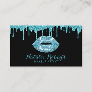 Teal Drips Glitter Lips Makeup Artist Beauty Salon Business Card