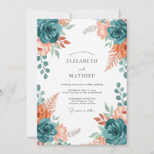 Teal Dusty Coral Bloom Wedding Invitation