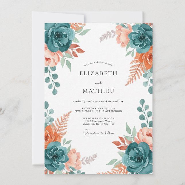 Teal Dusty Coral Bloom Wedding Invitation (Front)