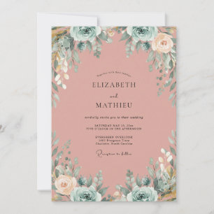 Teal Dusty Pink Foliage Eucalyptus Wedding Invitation