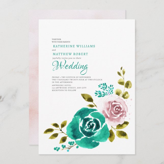 Teal Dusty Rose Blush Floral Wedding  Invitation (Front/Back)