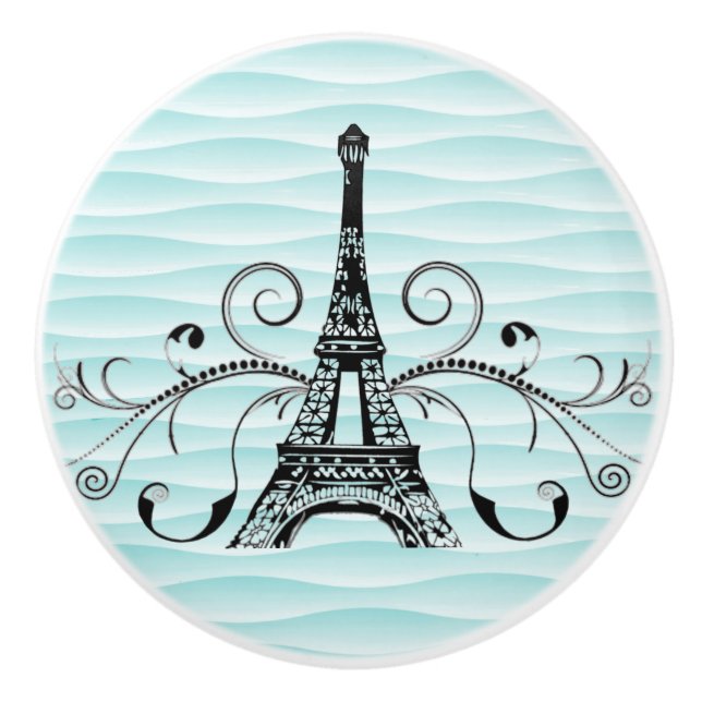 Teal Eiffel Tower Flourish Ceramic Pull (Front)
