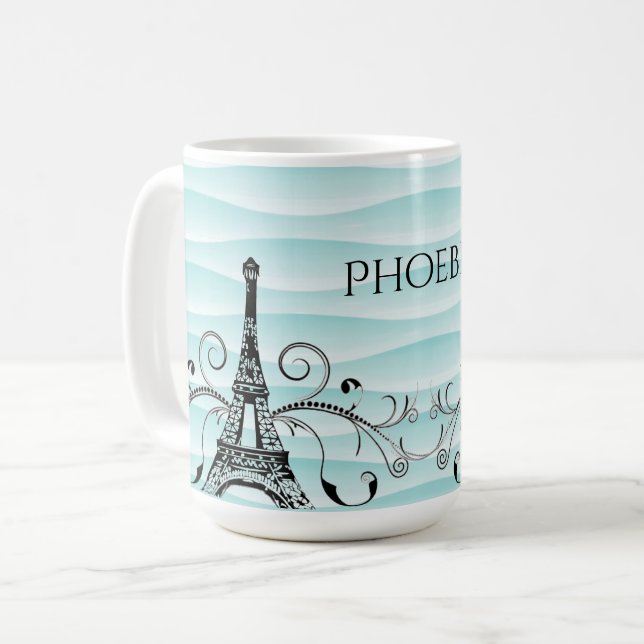 Teal Eiffel Tower Flourish Coffee Mug (Front Left)