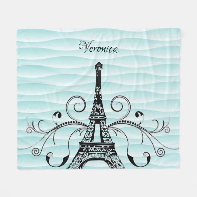 Teal Eiffel Tower Flourish Fleece Blanket (Front (Horizontal))
