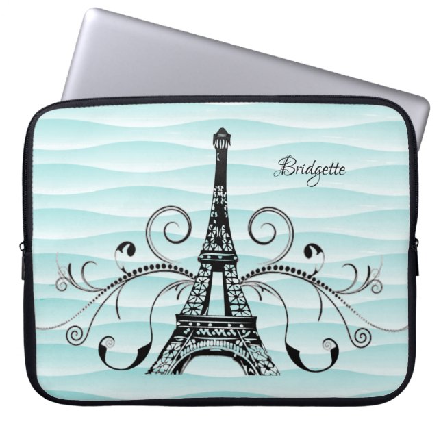 Teal Eiffel Tower Flourish Laptop Sleeve (Front)