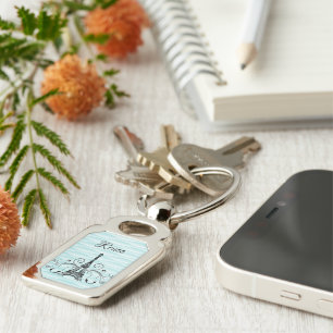 Teal Eiffel Tower Flourish Metal Keychain