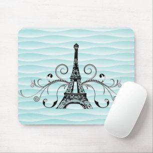 Teal Eiffel Tower Flourish Mouse Pad