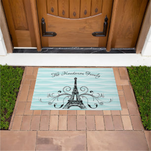 Teal Eiffel Tower Flourish Personalised Door Mat