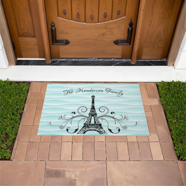Teal Eiffel Tower Flourish Personalised Door Mat (Outdoor)