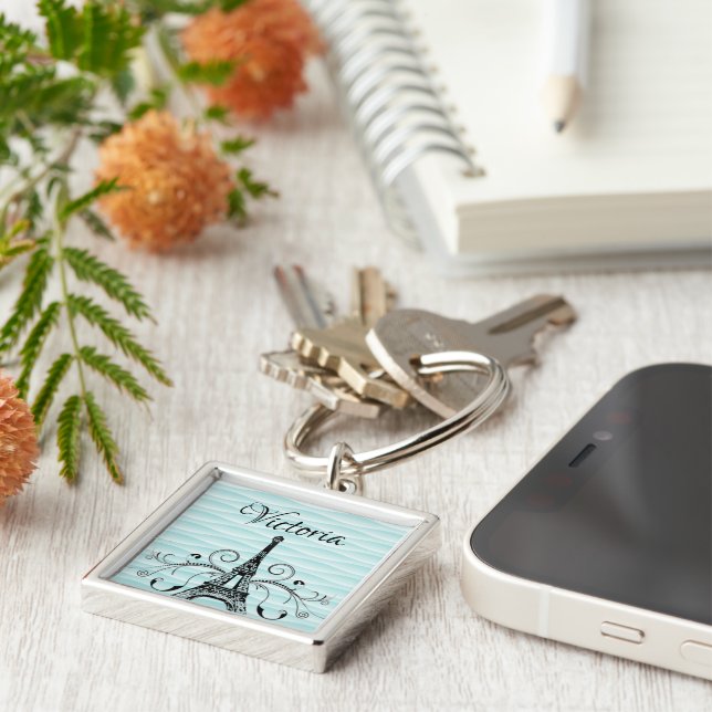 Teal Eiffel Tower Flourish Square Keychain (Side)