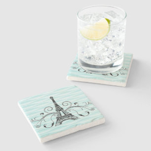 Teal Eiffel Tower Flourish Stone Coaster