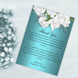 Teal Elegance Botanical Roses Wedding  Thank You Card