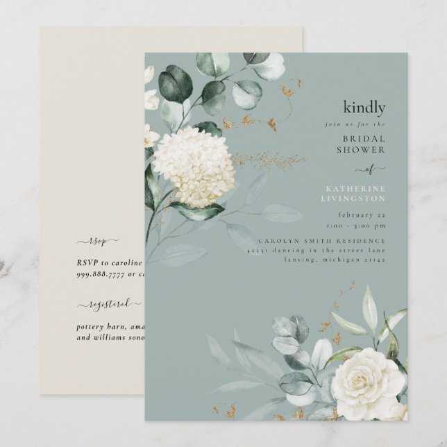 Teal Elegance White Hydrangeas Bridal Shower  Invitation (Front/Back)