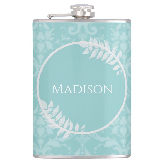 Teal Elegant Damask Flask (Front)