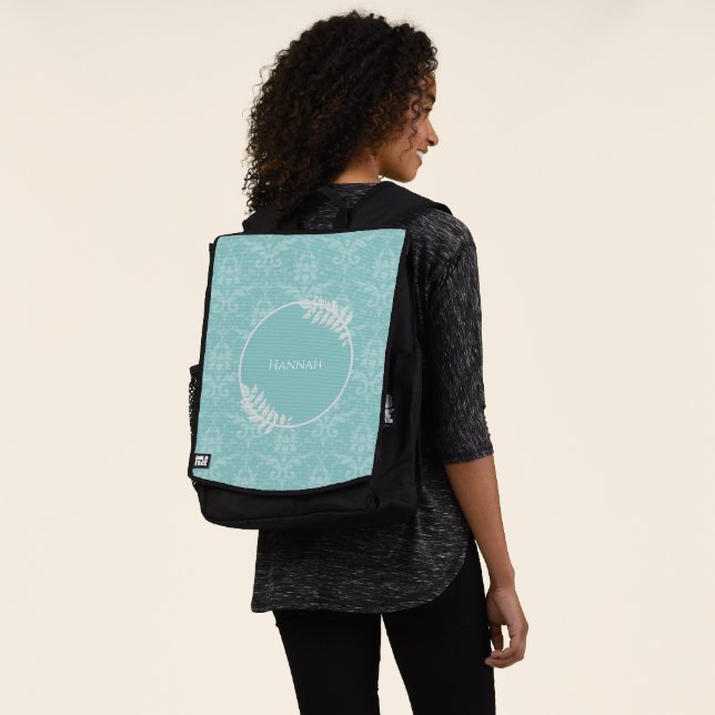 Teal Elegant Damask Personalised Backpack (Worn)