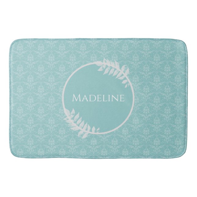 Teal Elegant Damask Personalised Bath Mat (Front)