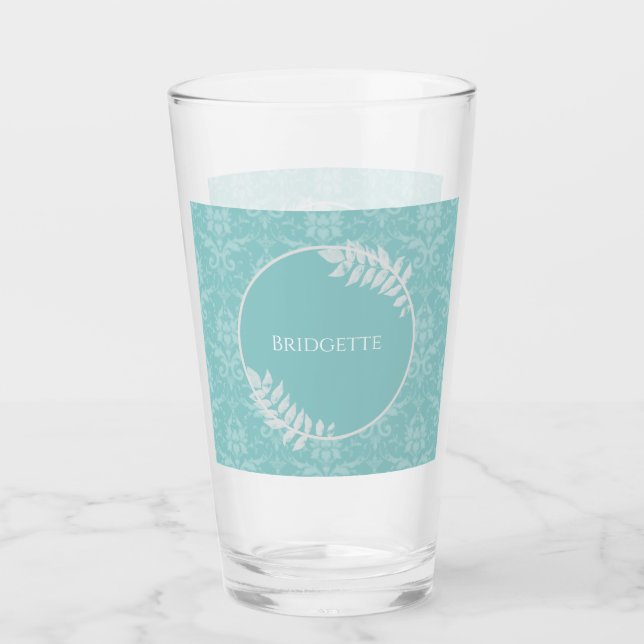 Teal Elegant Damask Personalised Glass (Front)