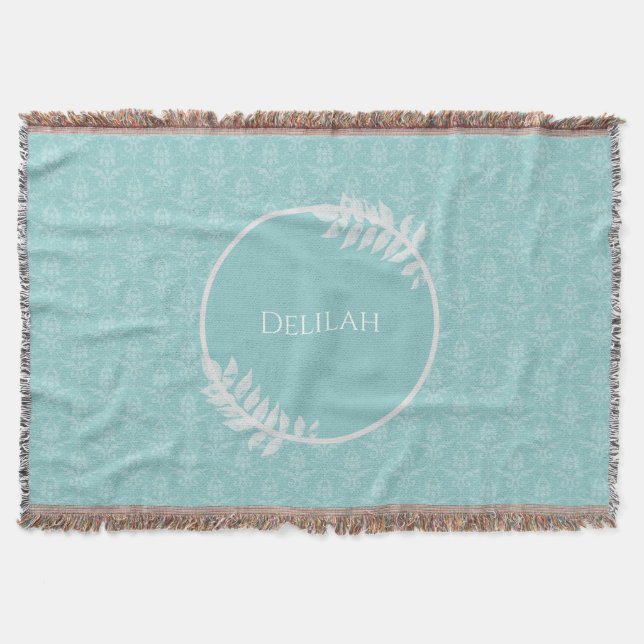 Teal Elegant Damask Personalised Throw Blanket (Front)