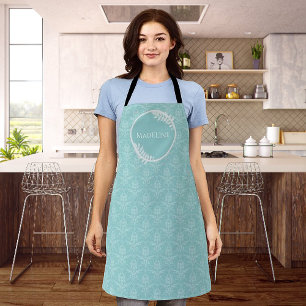 Teal Elegant Damask Personalized Apron