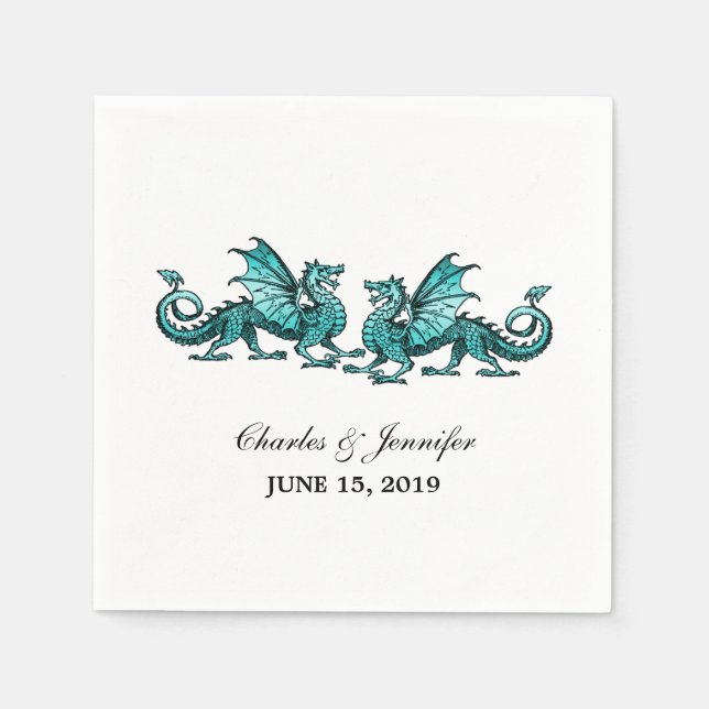 Teal Elegant Dragons Wedding Paper Napkins (Front)