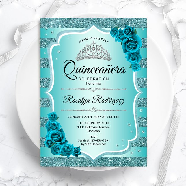 Teal Elegant Floral Quinceanera Invitation (Creator Uploaded)