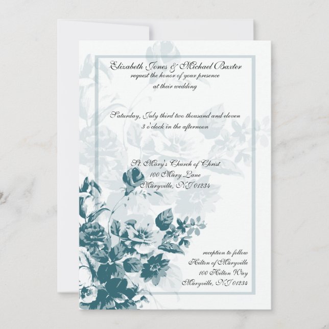 Teal Elegant Flower Wedding Invitations (Front)
