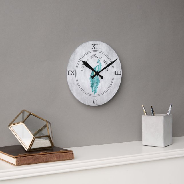 Teal Elegant Peacock Acrylic Wall Clock (Office)