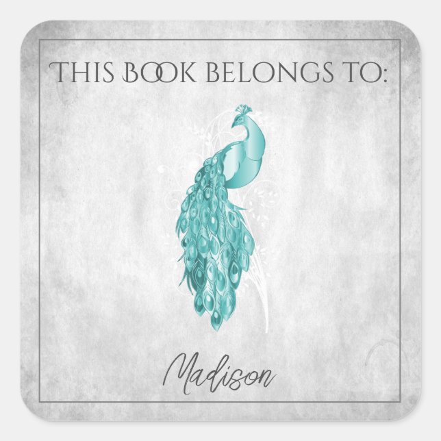 Teal Elegant Peacock Book Sticker (Front)