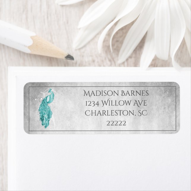 Teal Elegant Peacock Label (Insitu)