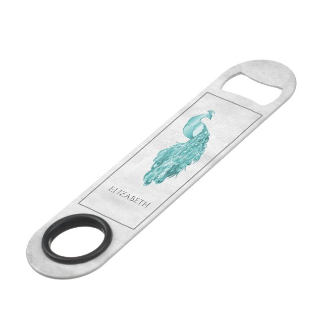 Teal Elegant Peacock Personalised Bar Key (Front Angled)