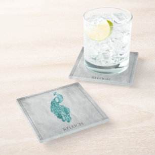 Teal Elegant Peacock Personalised Glass Coaster
