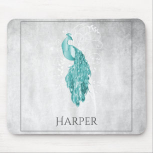 Teal Elegant Peacock Personalised Mouse Pad