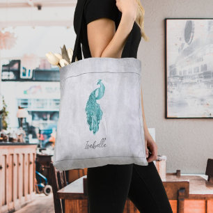 Teal Elegant Peacock Personalised Tote Bag