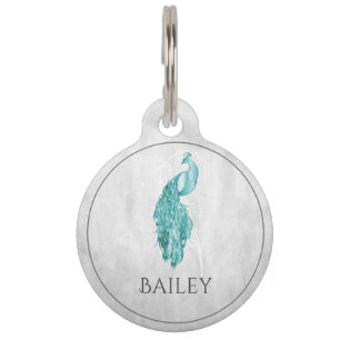 Teal Elegant Peacock Round Pet Tag