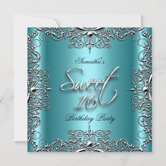 Teal Elegant Sweet Sixteen Sweet 16 Party White Invitation (Front)