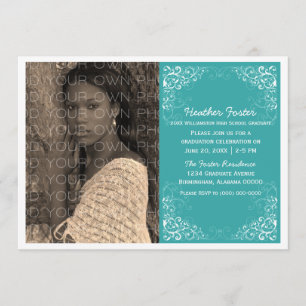 Teal Elegant Swirls Photo Graduation Invite
