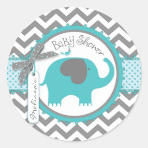 Teal Elephant Boy Chevron Print Baby Shower Classic Round Sticker
