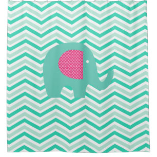 Teal Elephant on Chevron of Teal, Mint, White Shower Curtain