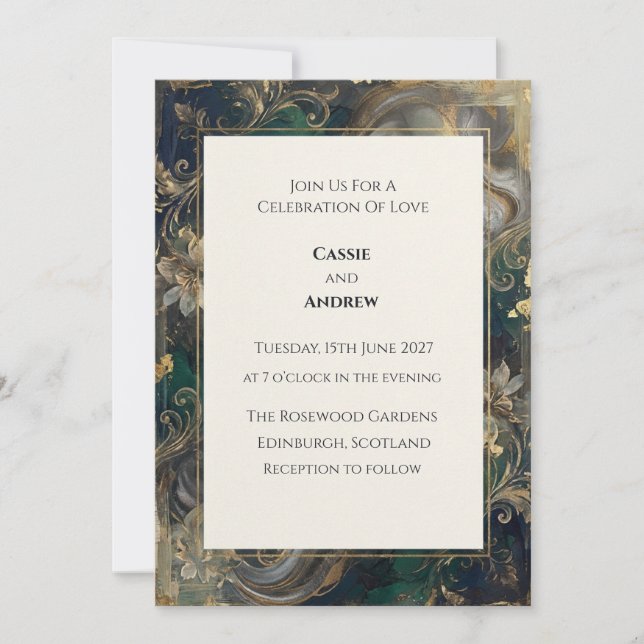 Teal Emerald Gold Baroque Floral Wedding Invitation (Front)
