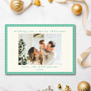 Teal Emerald Green Gingham Check Family Christmas Holiday Card