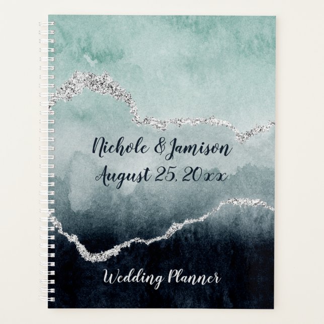 Teal, Emerald, Navy and Silver Geode Agate Wedding Planner (Front)