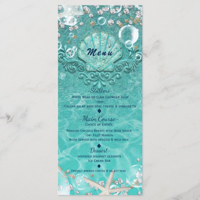 Teal Enchanted Sea Starfish & Bubbles Beach Menu (Front)