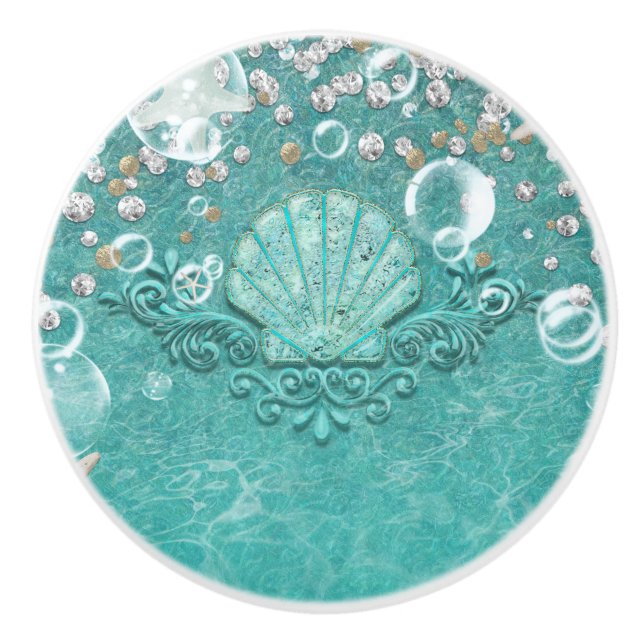 Teal Enchanted Sea Starfish & Bubbles Ocean Beach Ceramic Knob (Front)
